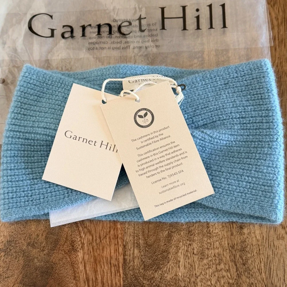 Garnet Hill Cashmere Headband Women OS Blue Ribbed Twist‎ Knit Ear Warmer NEW